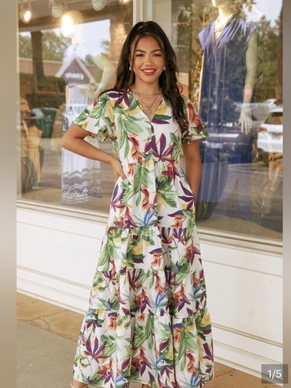Chico's White Maxi Dress with Green, Purple & Orange Tropical Print